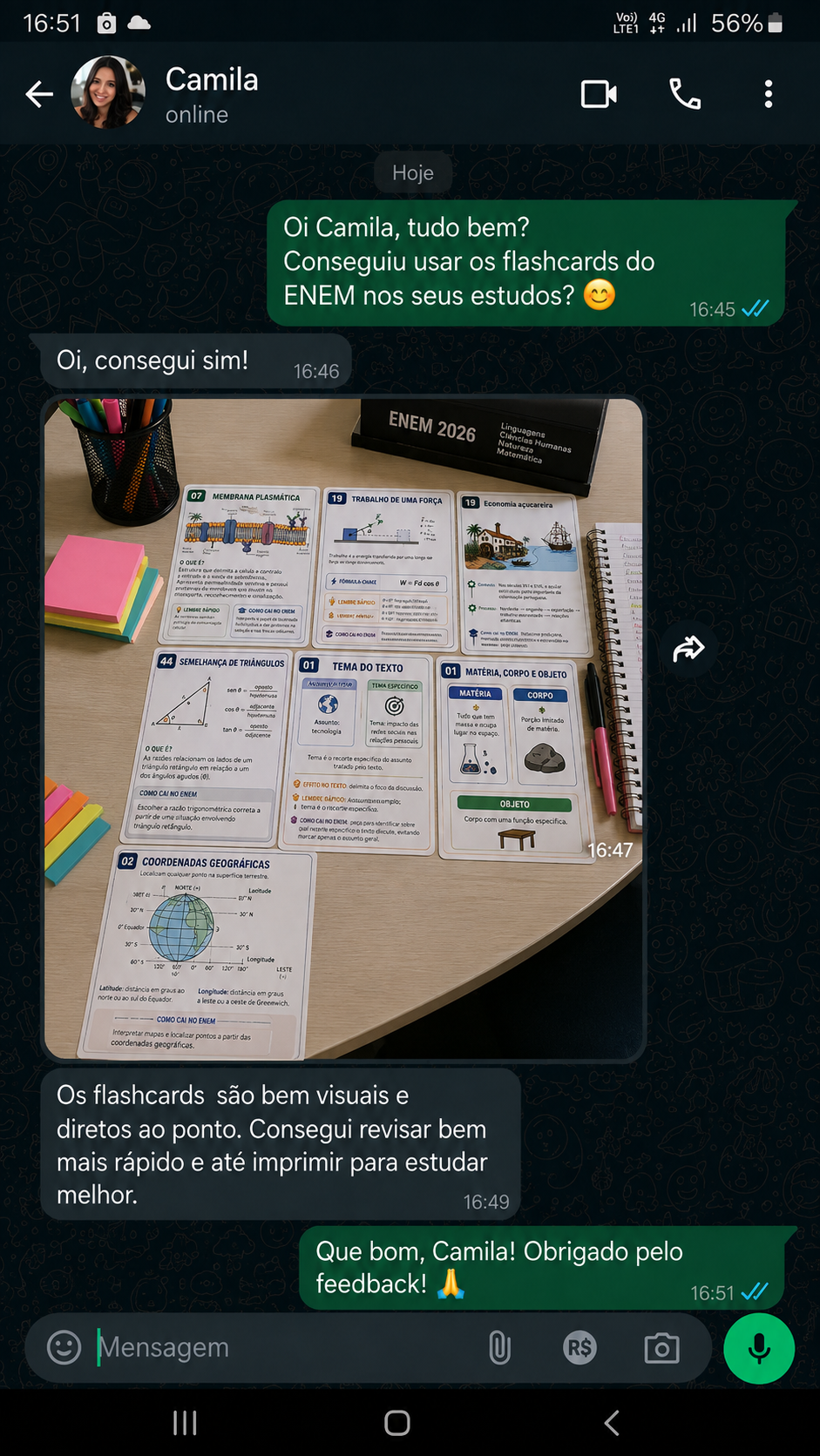 Print de conversa da Camila sobre os flashcards do ENEM