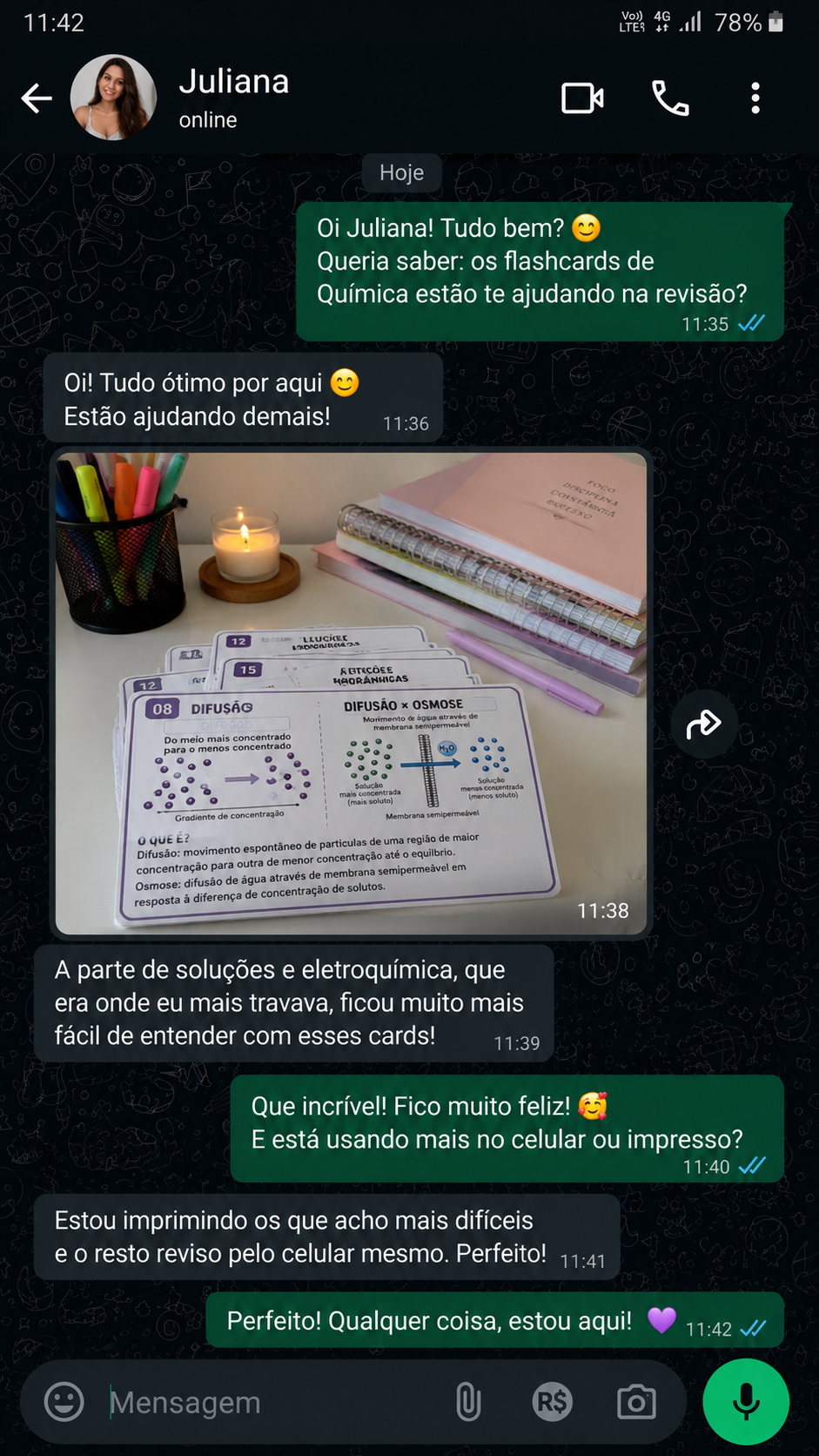 Print de conversa da Juliana sobre os flashcards de Química