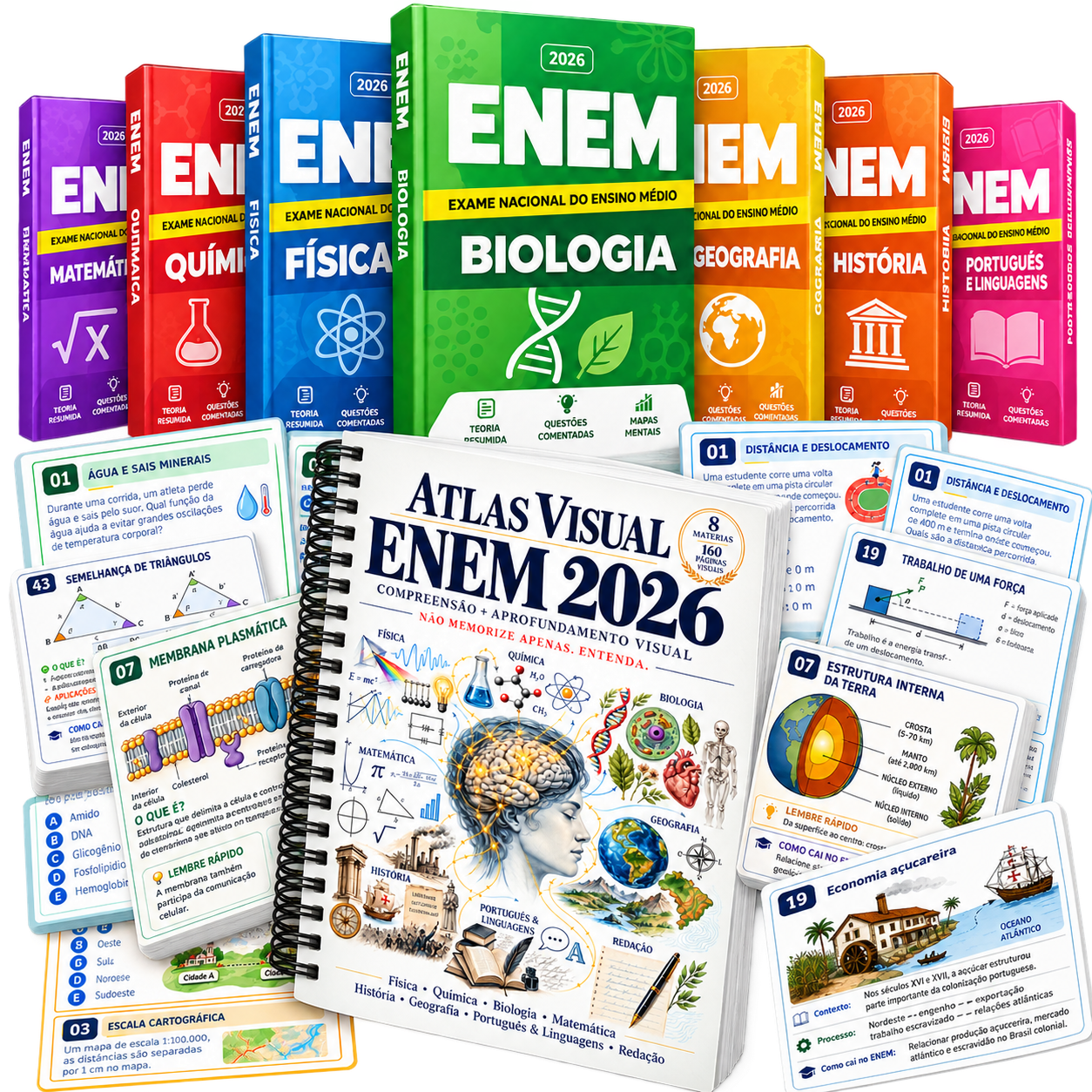 Kit ENEM 2026: Atlas Visual, apostilas por matéria e flashcards do Plano Completo